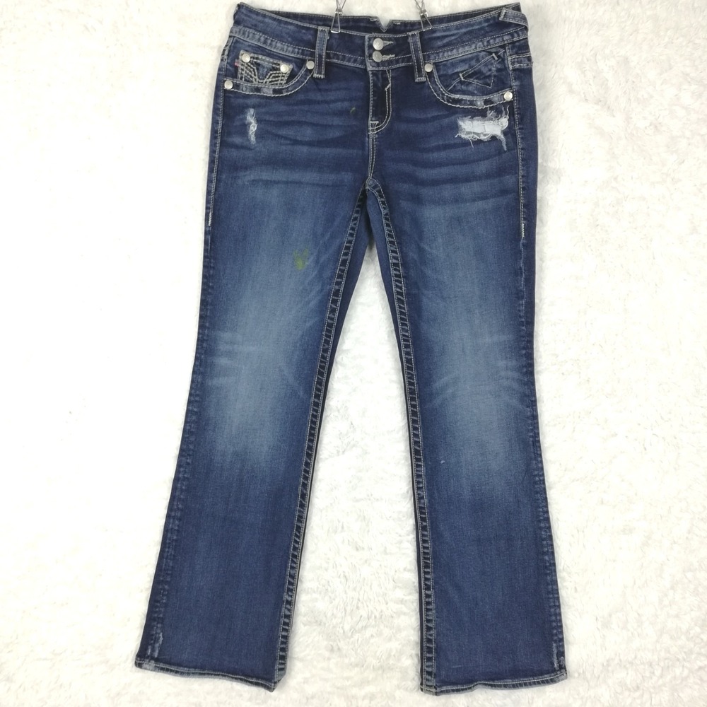 Vigoss Womens Jeans New York Boot Cut Blue Denim Flap Pocket Distressed Mid 12